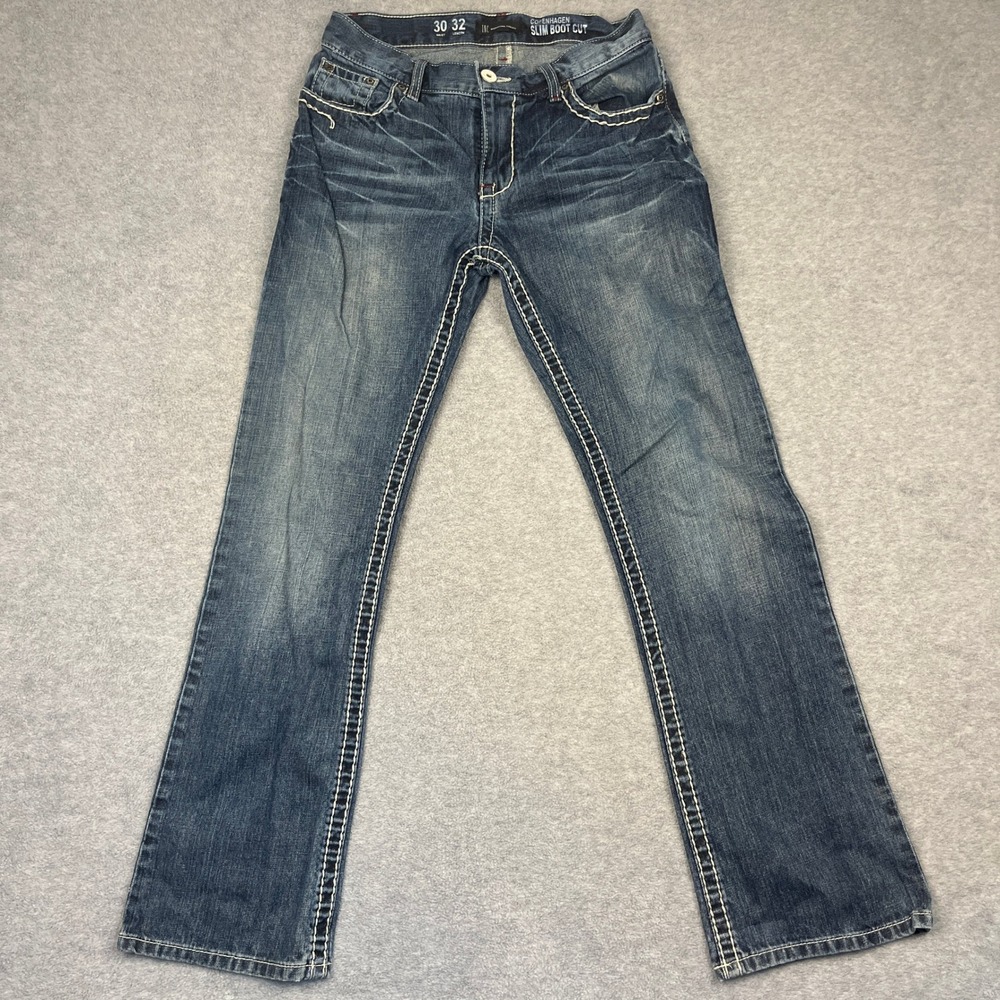 INC International Concepts Jeans Mens 30x32 Blue Copenhagen Slim Boot Cut Stitch